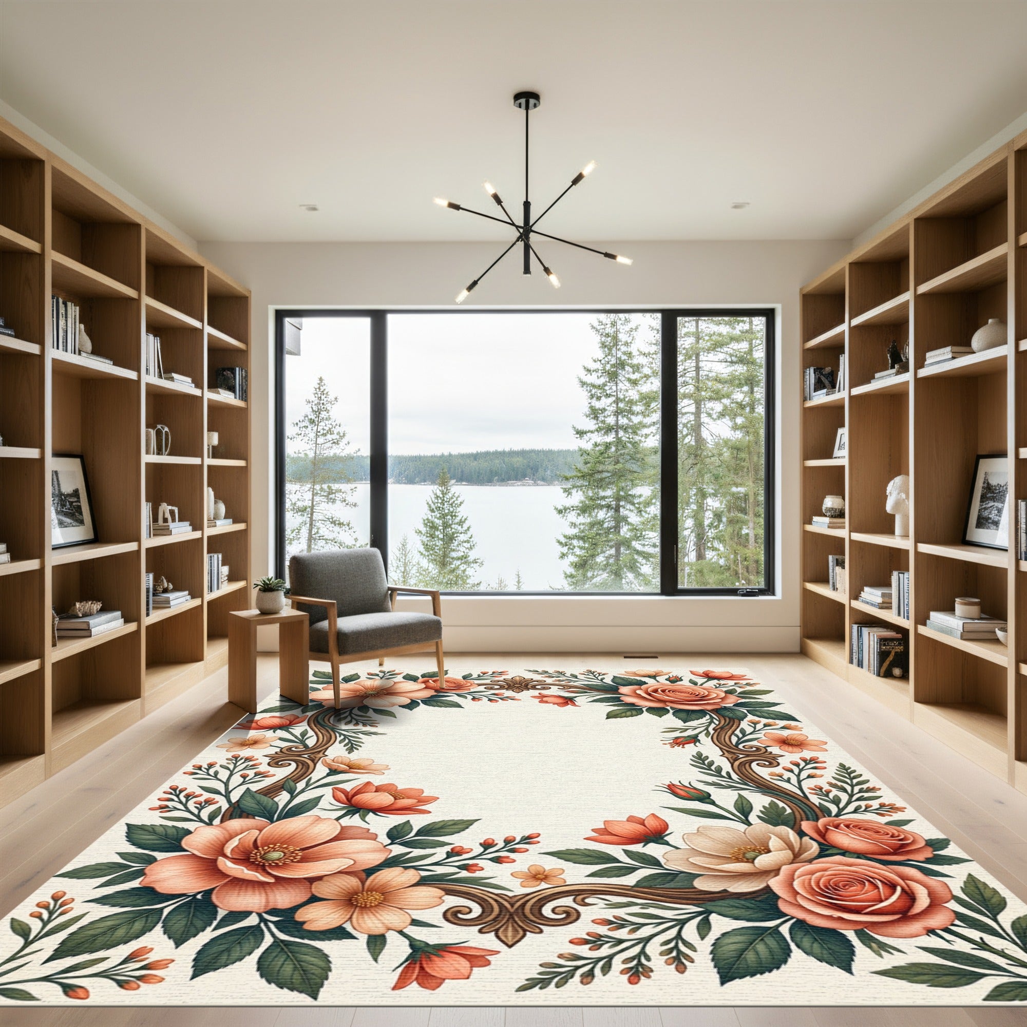 Peach Coral Floral Scroll Border Rug