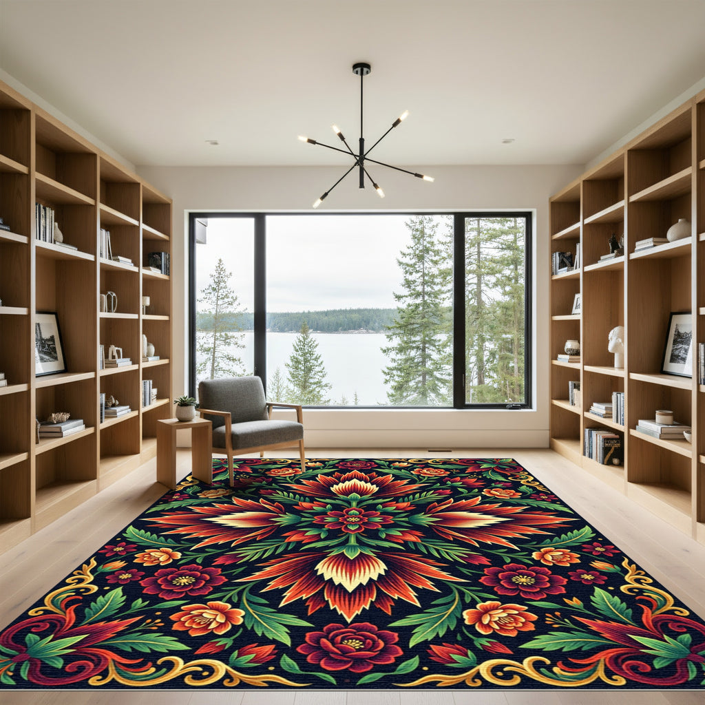 Vibrant Crimson Floral Ornate Symmetry Rug