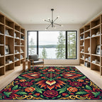 Vibrant Crimson Floral Ornate Symmetry Rug