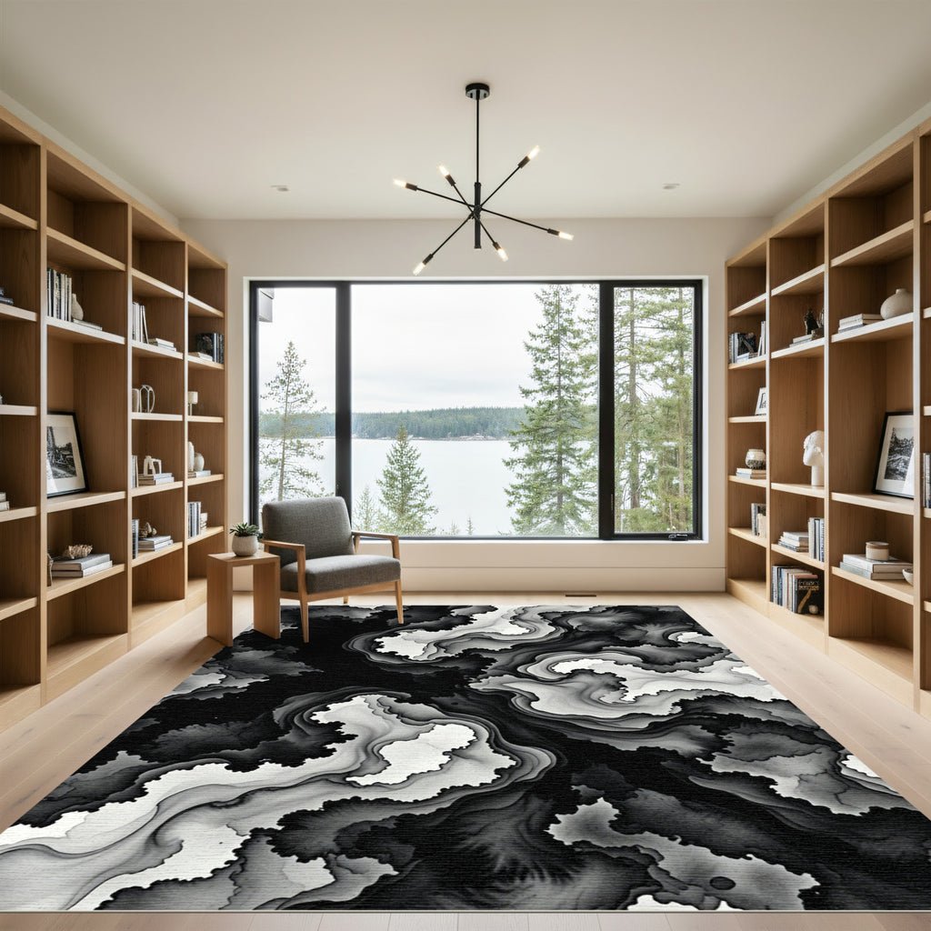Monochrome Abstract Ink Flow Swirl Rug
