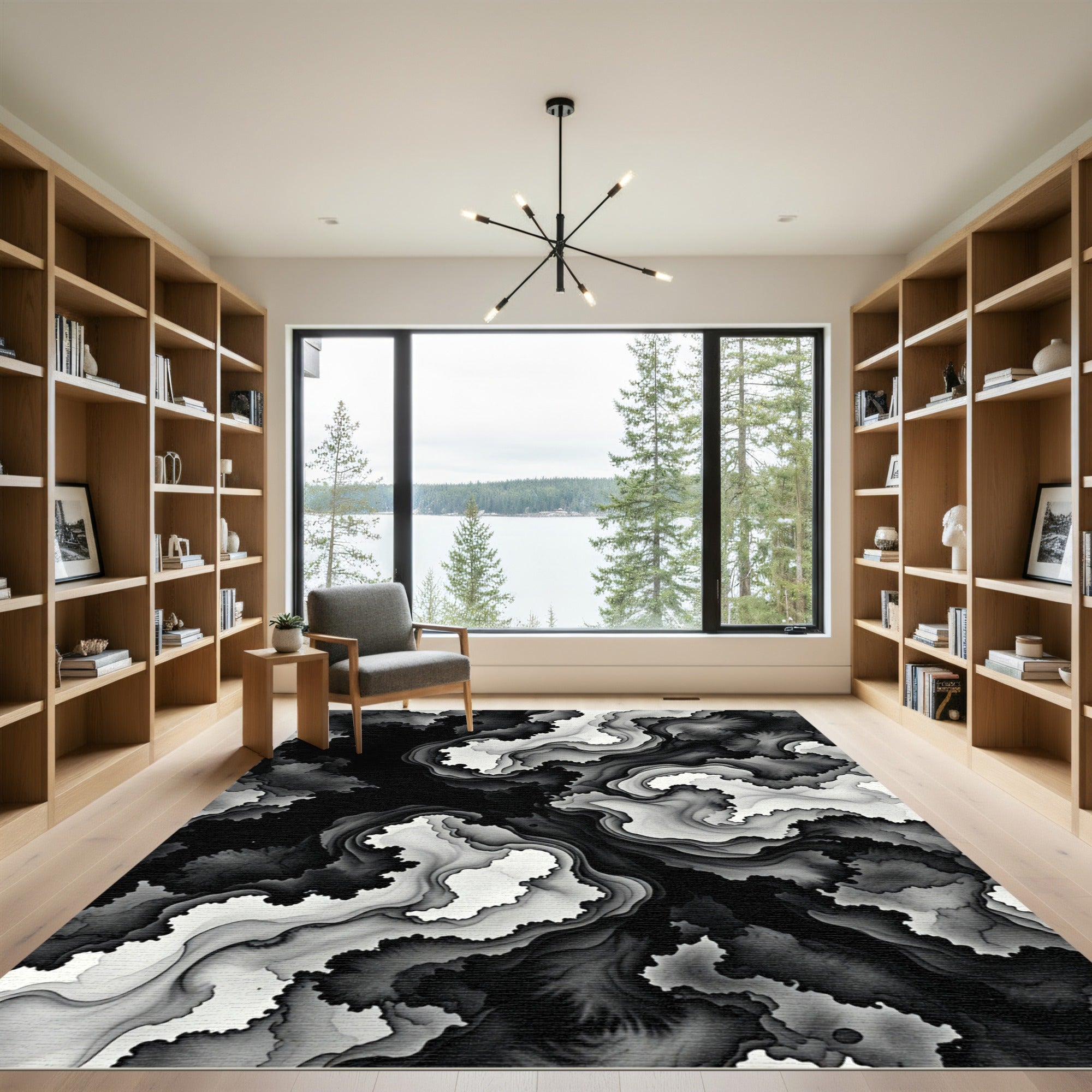 Monochrome Abstract Ink Flow Swirl Rug