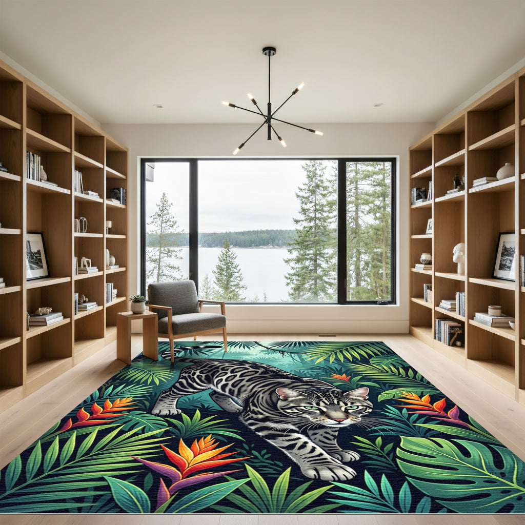 Vivid Jungle Cat Tropical Floral Rug