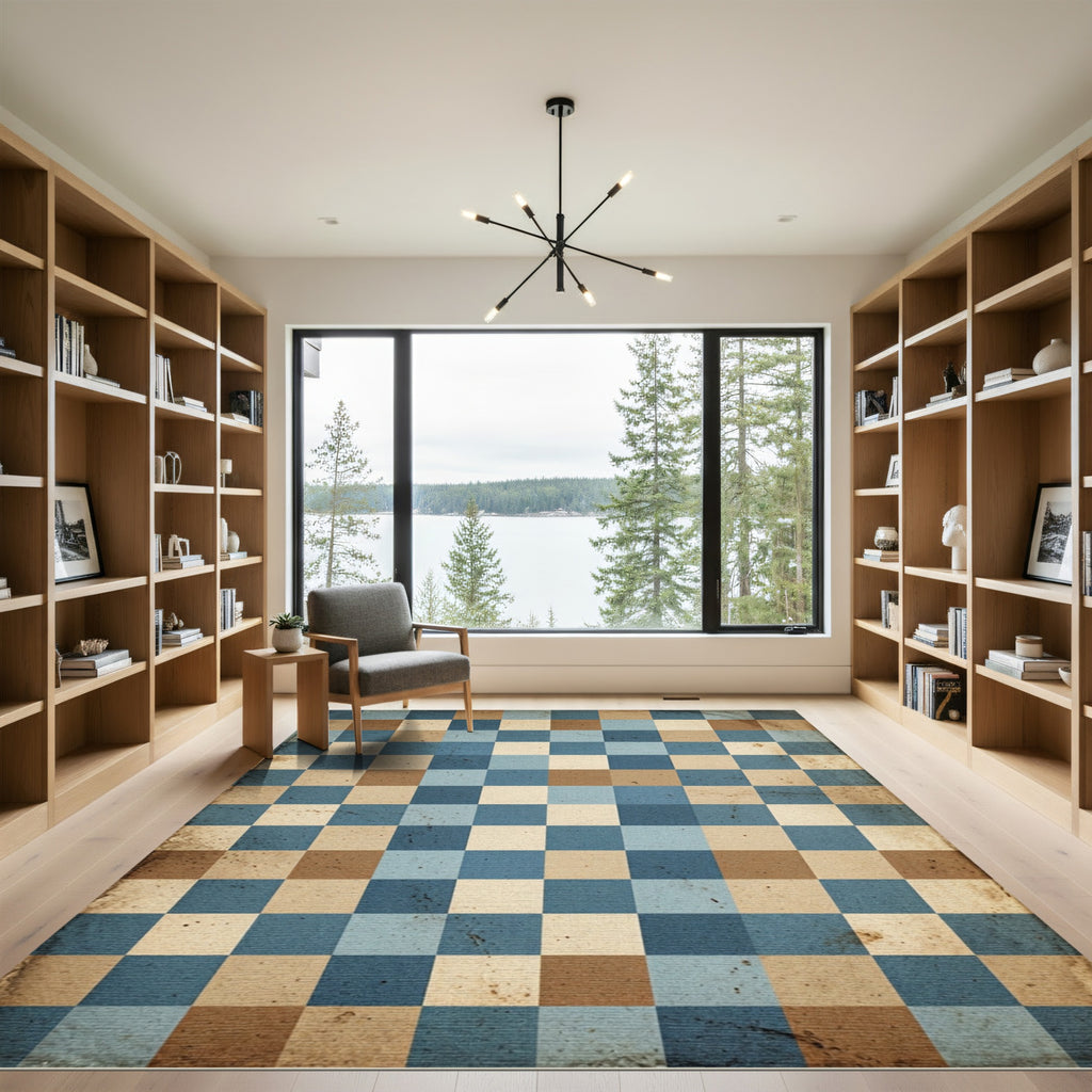 Aged Blue Tan Checkerboard Grid Rug