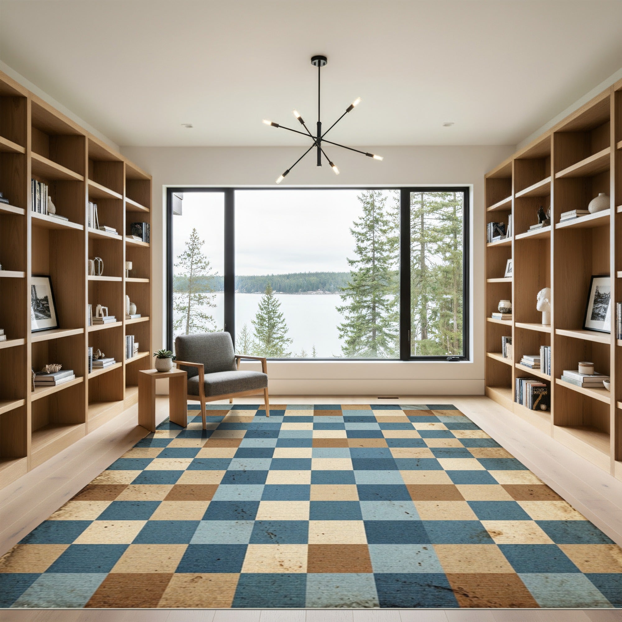 Aged Blue Tan Checkerboard Grid Rug