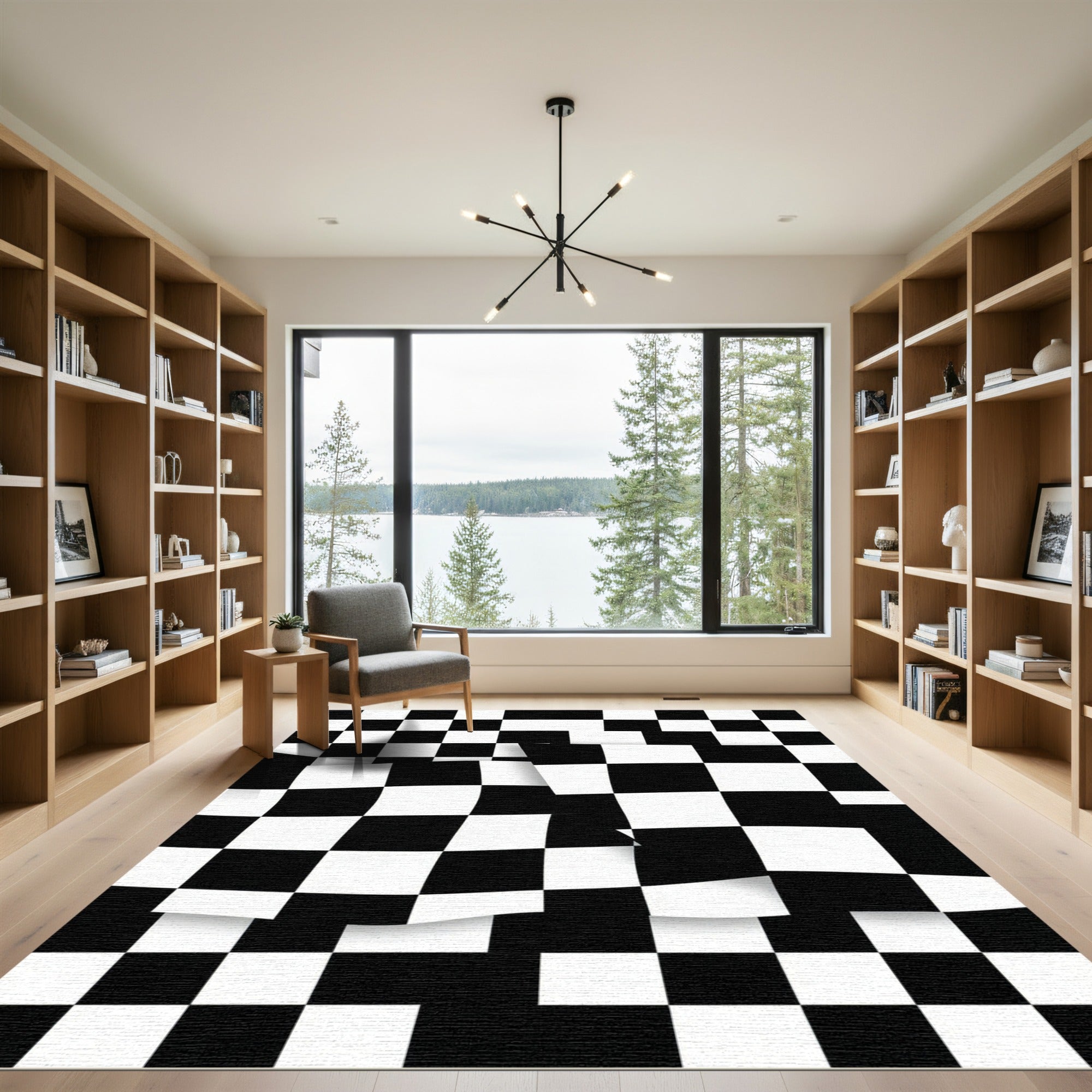 Modern Monochrome Wavy Checkered Graphic Rug