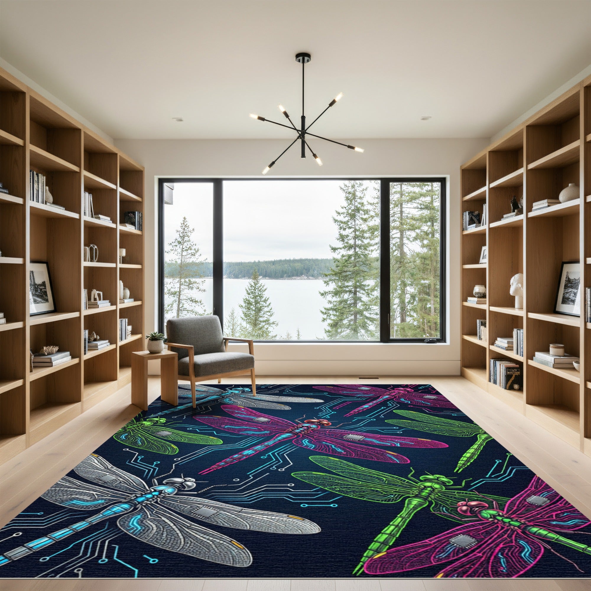 Neon Cybernetic Dragonfly Circuit Art Rug