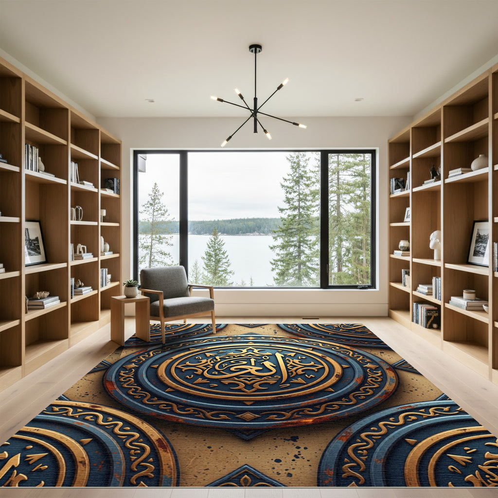 Antique Gold Blue Circular Emblem Rug