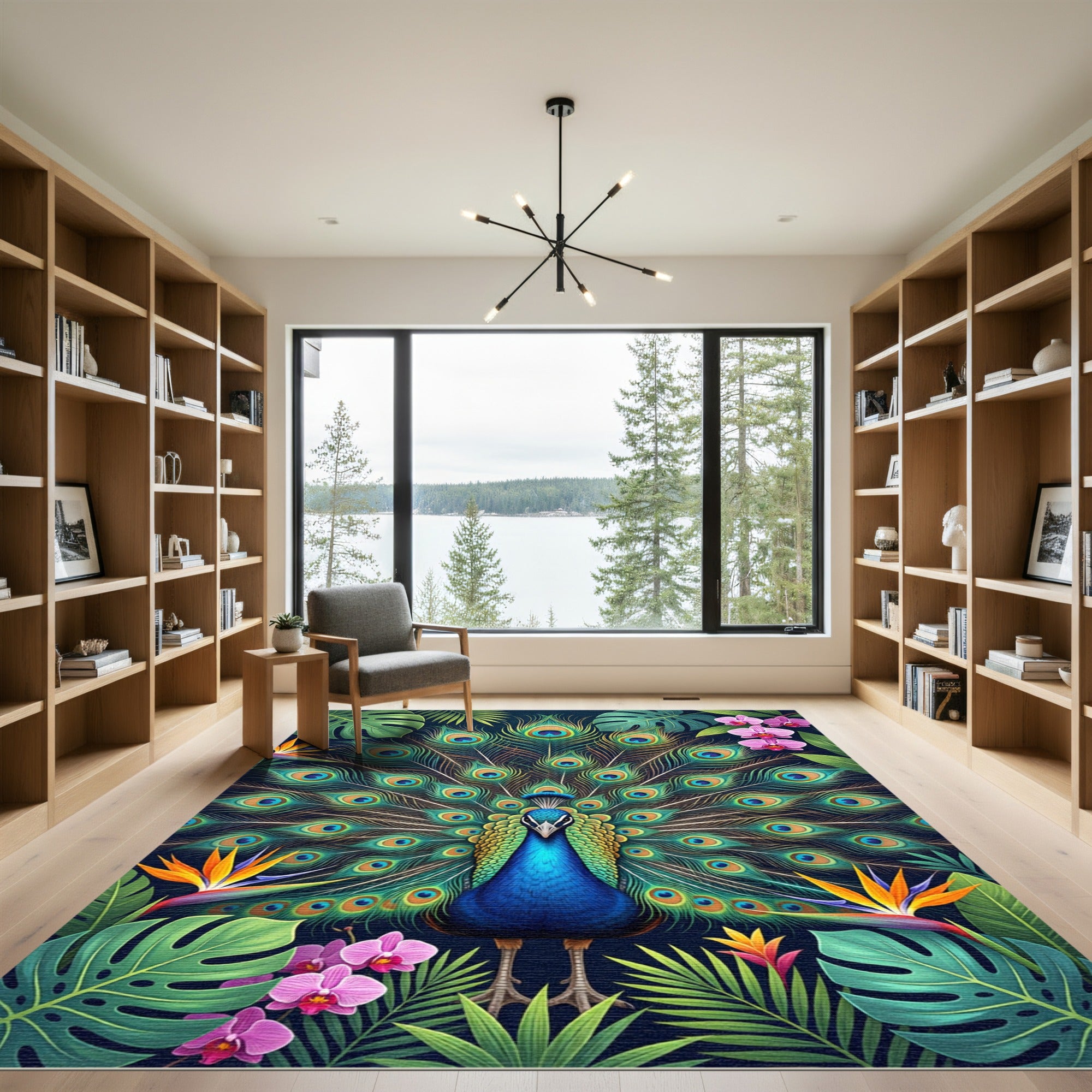 Vibrant Tropical Peacock Floral Art Rug