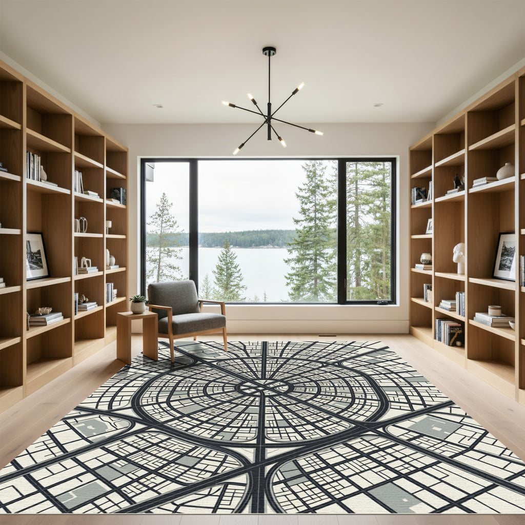 Monochromatic Urban Radiating Grid Map Rug