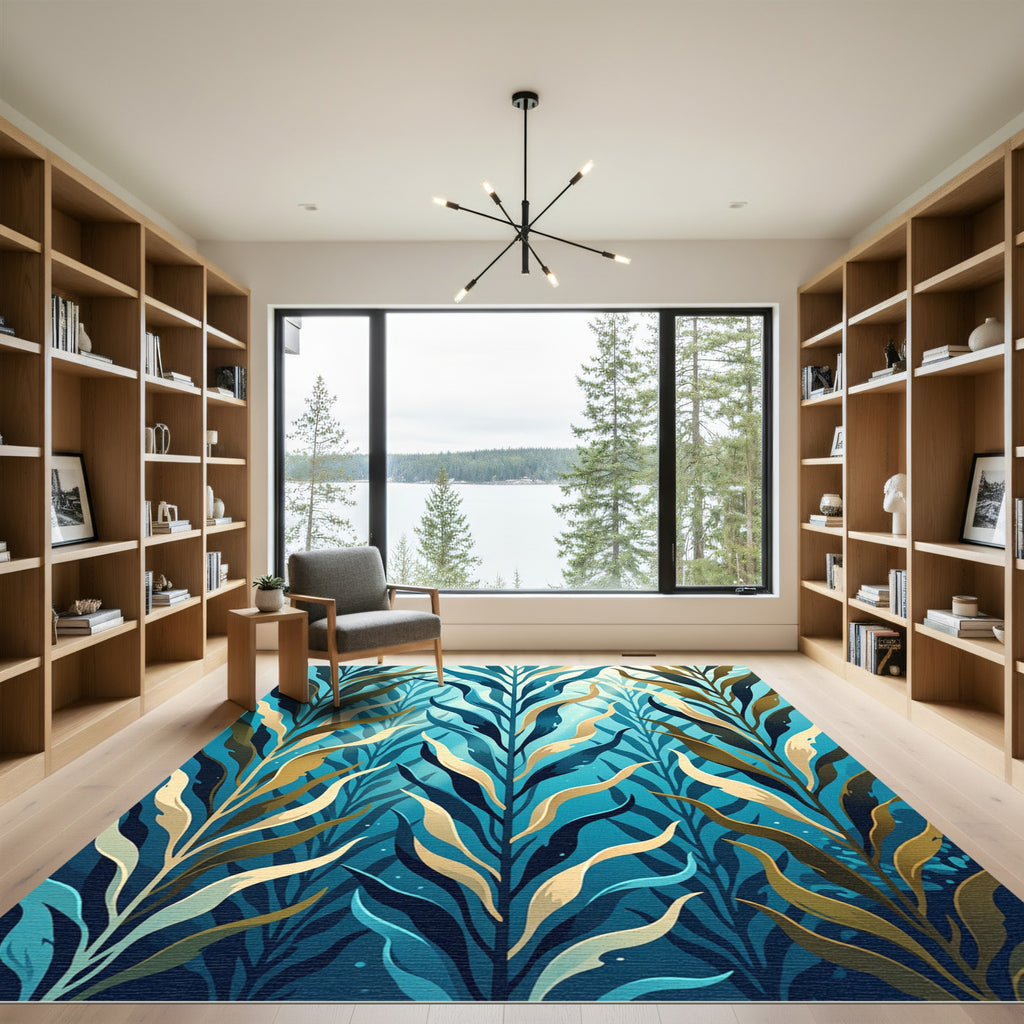 Lush Teal and Gold Kelp Forest Rug
