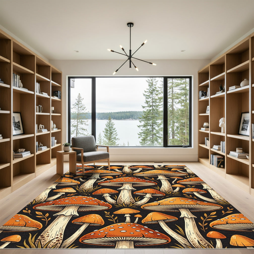 Whimsical Orange Mushroom Forest Meadow Rug