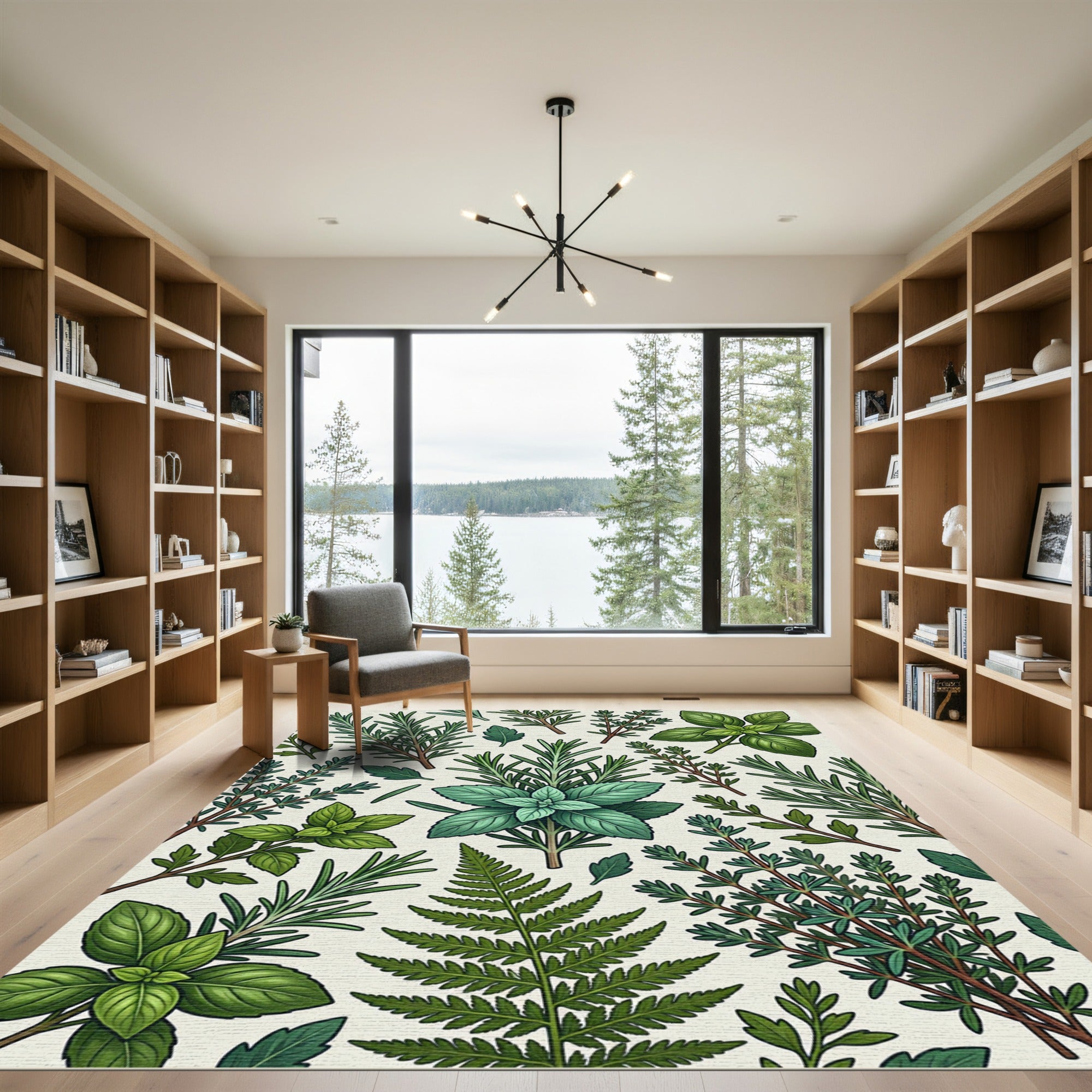 Lush Green Herb Foliage Illustration Rug