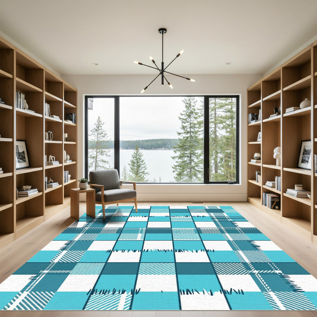 Aqua Blue Plaid Quilted Checkered Rug