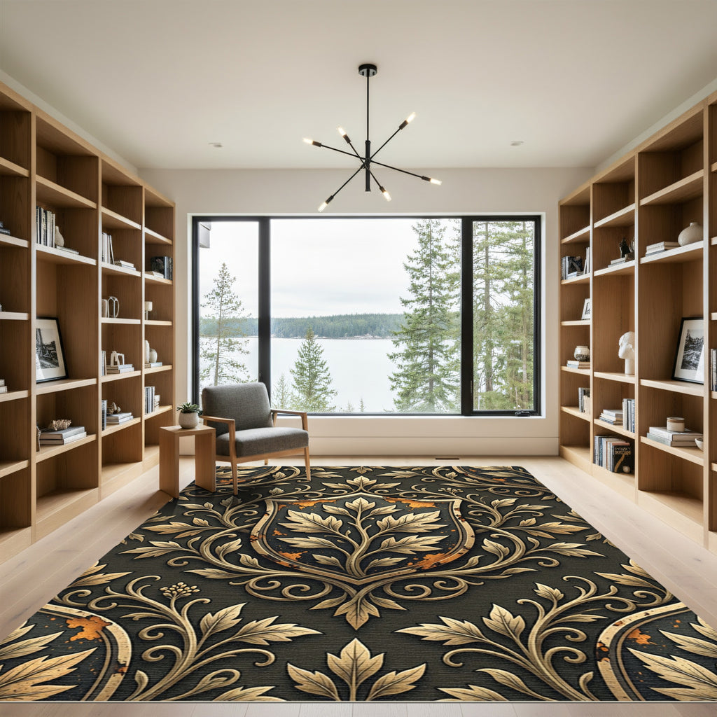 Gilded Foliage Ornate Black Shield Crest Rug