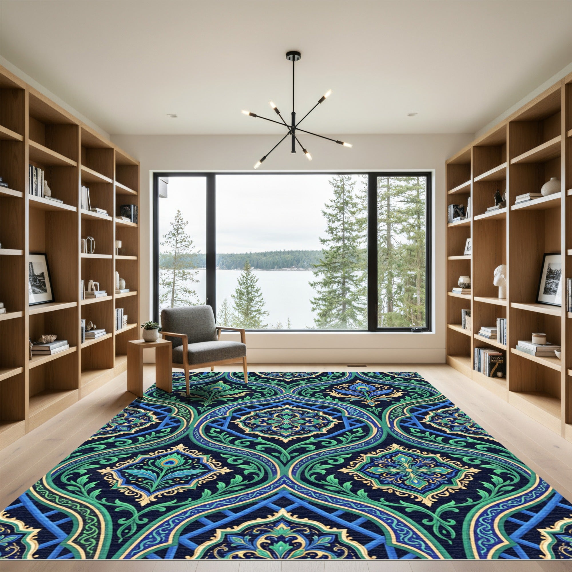 Emerald Peacock Damask Ornate Medallion Rug