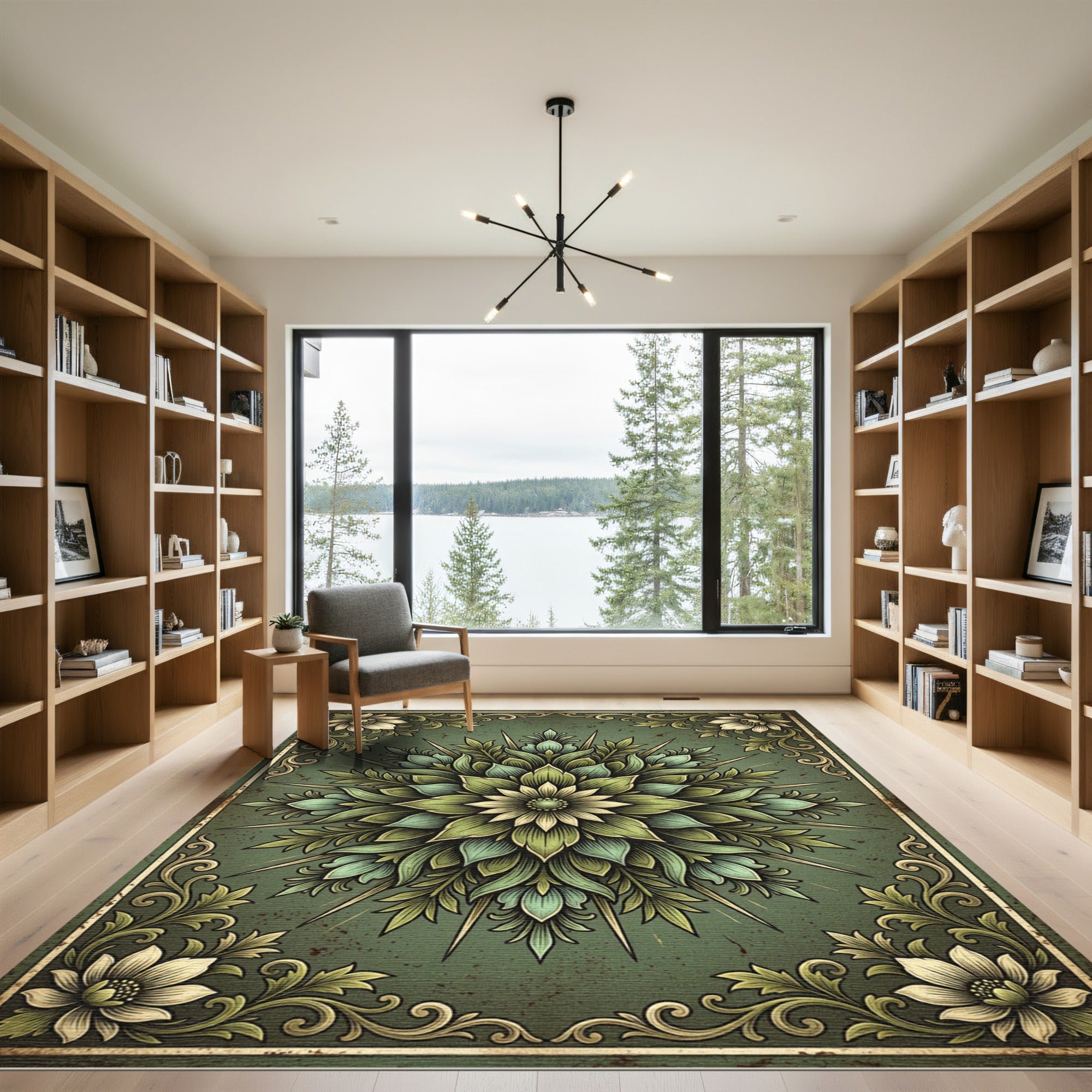 Earthy Green Floral Mandala Medallion Rug