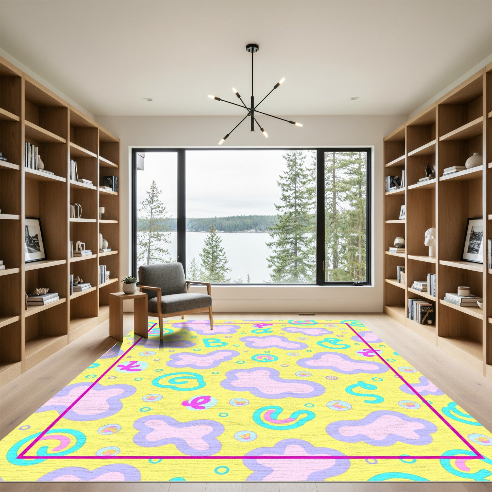 Whimsical Yellow Cloud Doodle Script Rug