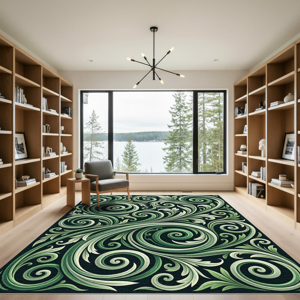 Emerald Green Swirling Vine Arabesque Rug