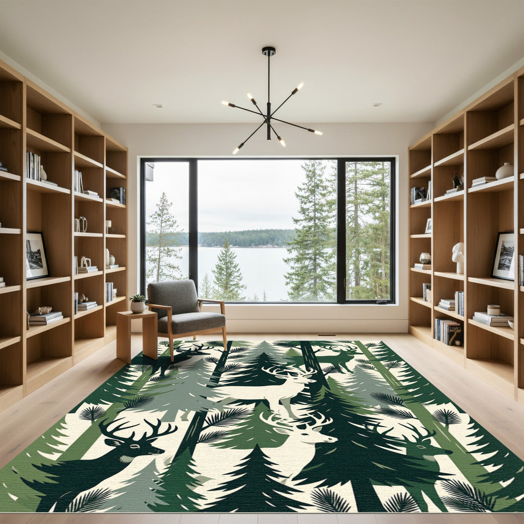 Forest Deer Woodland Silhouette Green Cream Rug