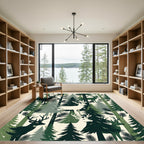 Forest Deer Woodland Silhouette Green Cream Rug