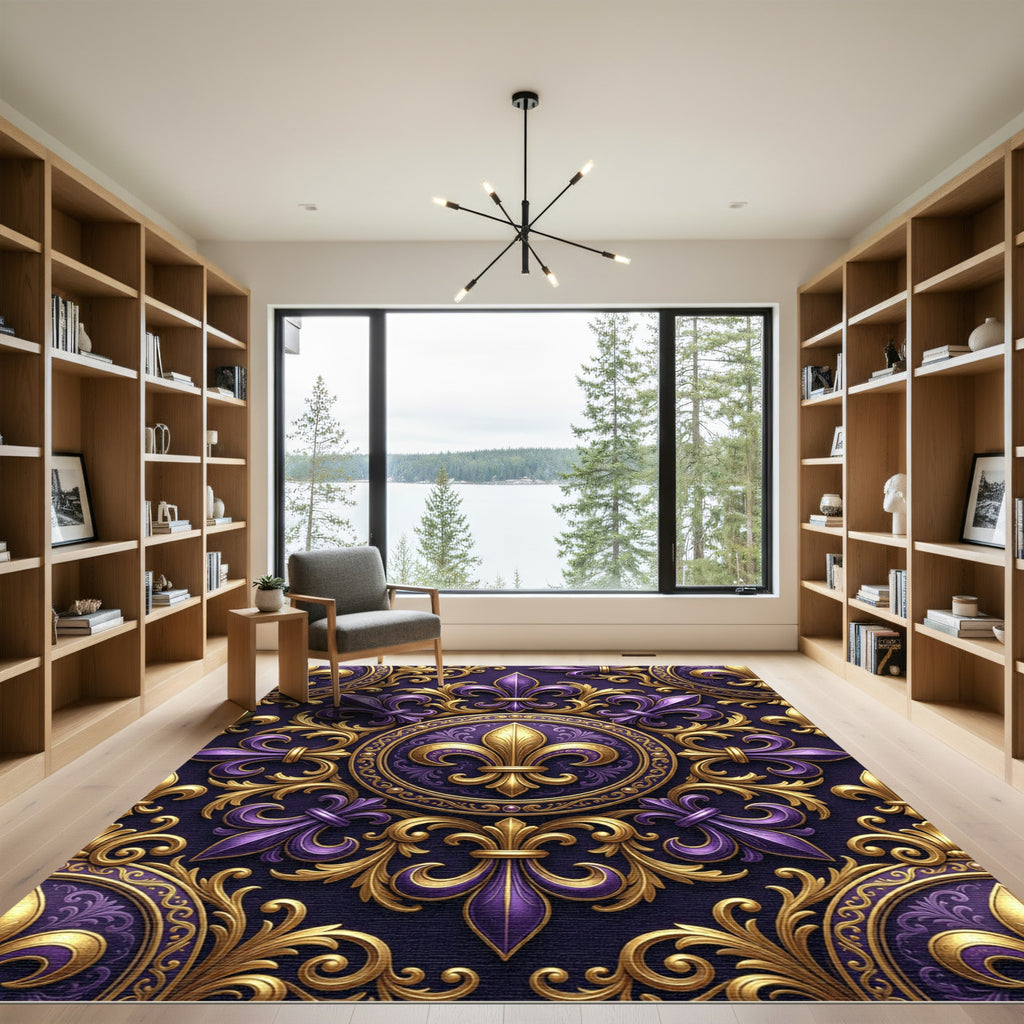 Regal Purple and Gold Fleur-de-Lis Rug