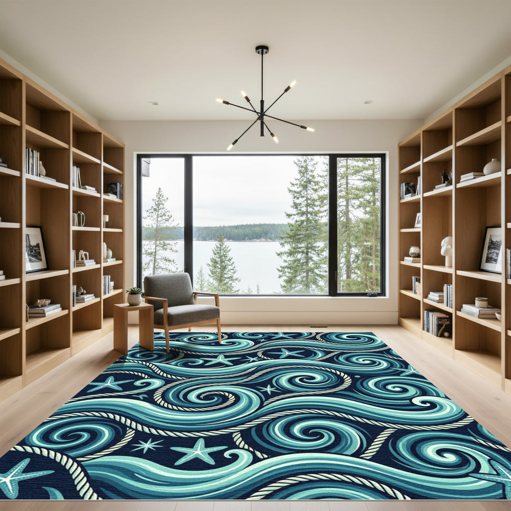 Blue Nautical Swirl and Starfish Ocean Rug
