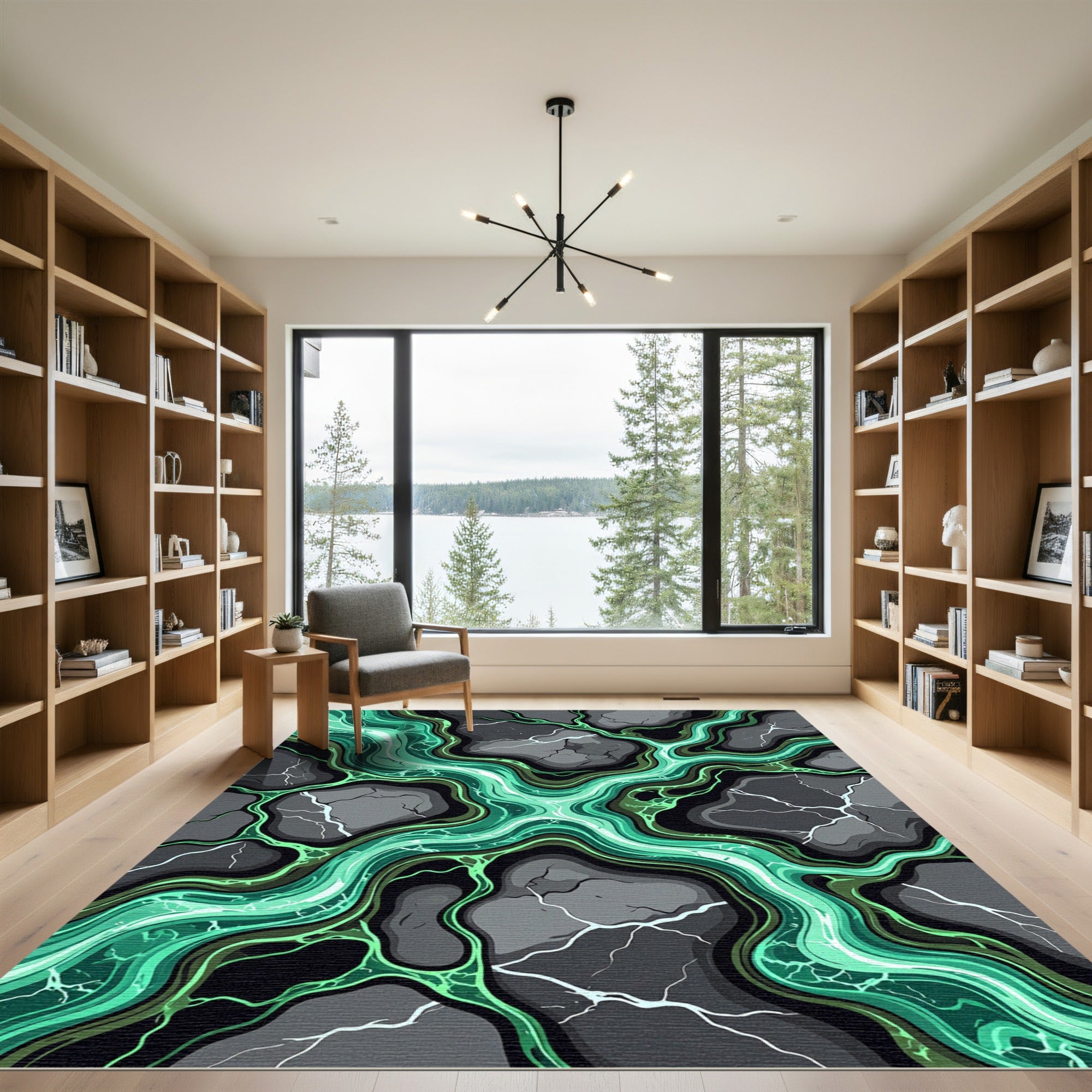 Luminous Emerald Crackled Stone Abstract Rug