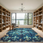 Blue Gold Fleur De Lis Repeating Pattern Rug