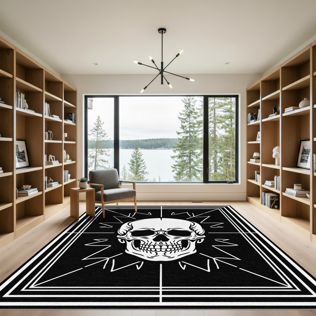 Black White Skull Graphic Rug