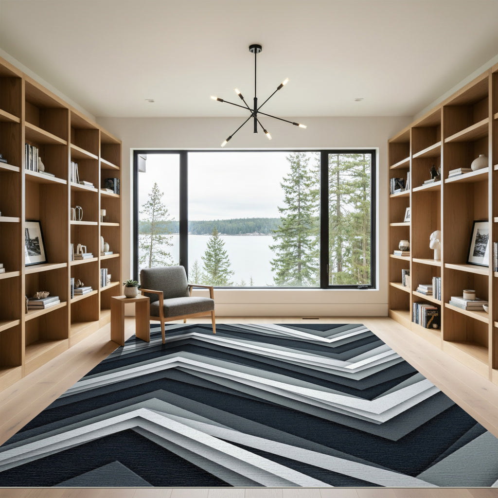 Modern Monochrome Zigzag Geometric Layered Rug