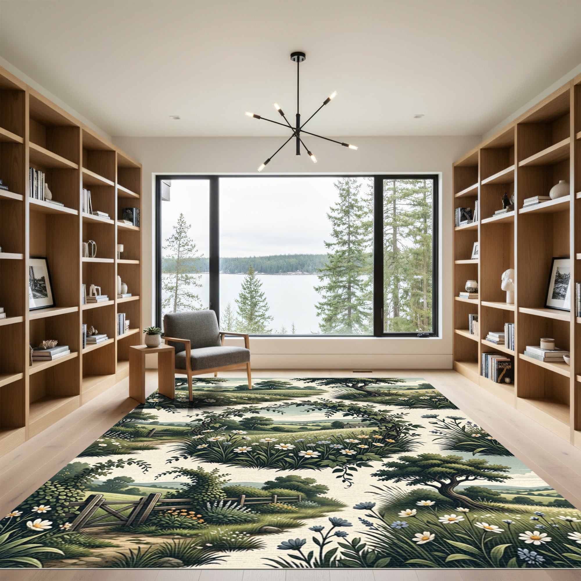 Whimsical Countryside Wildflower Meadow Landscape Rug