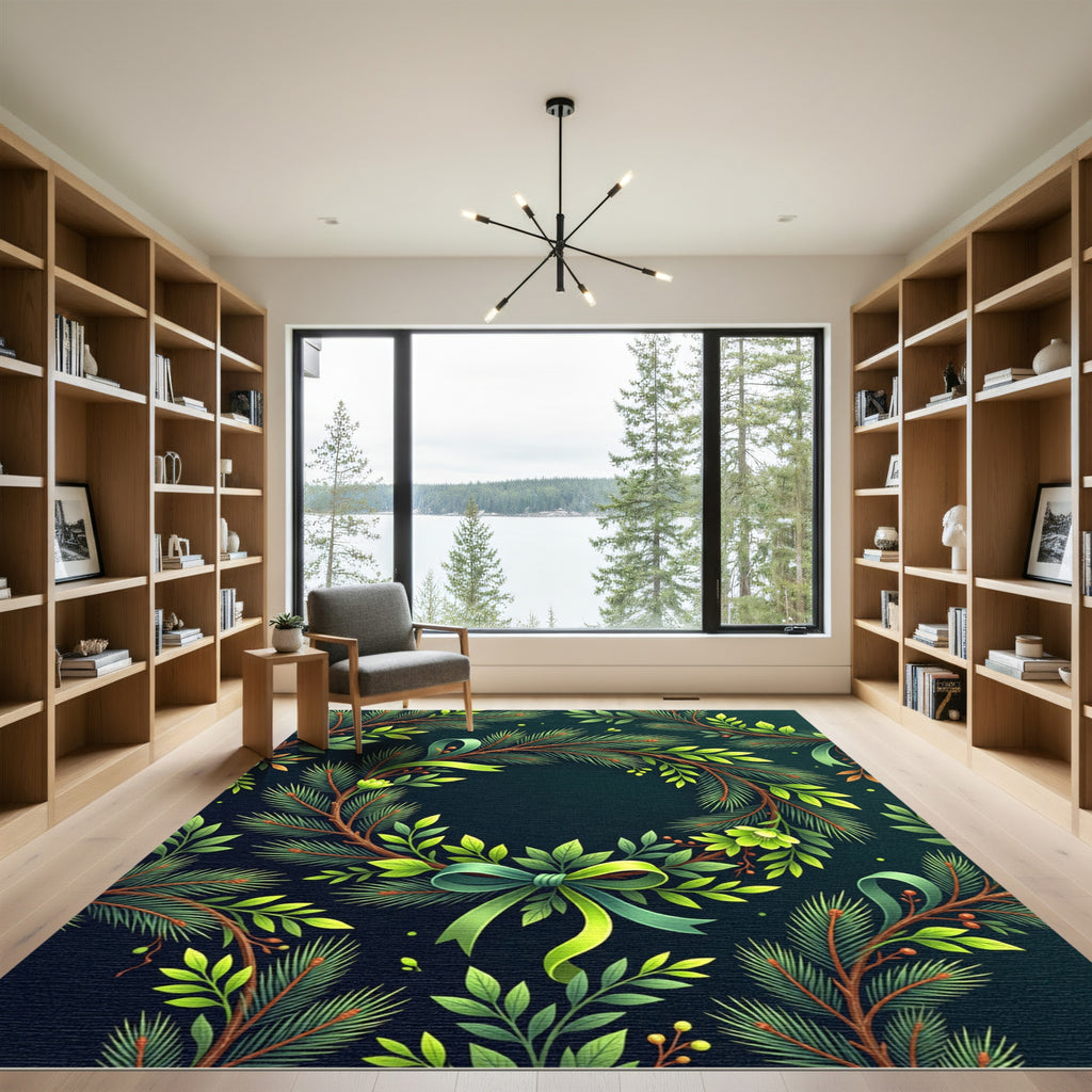 Evergreen Boughs Green Ribbon Wreath Rug