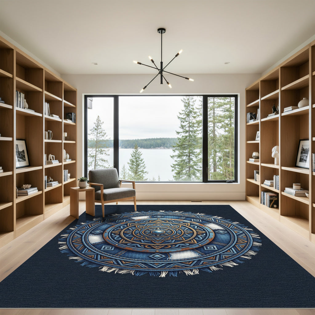 Distressed Denim Blue Mandala Medallion Rug