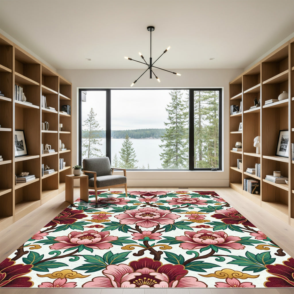Pink Peony Floral Scroll Artwork Rug