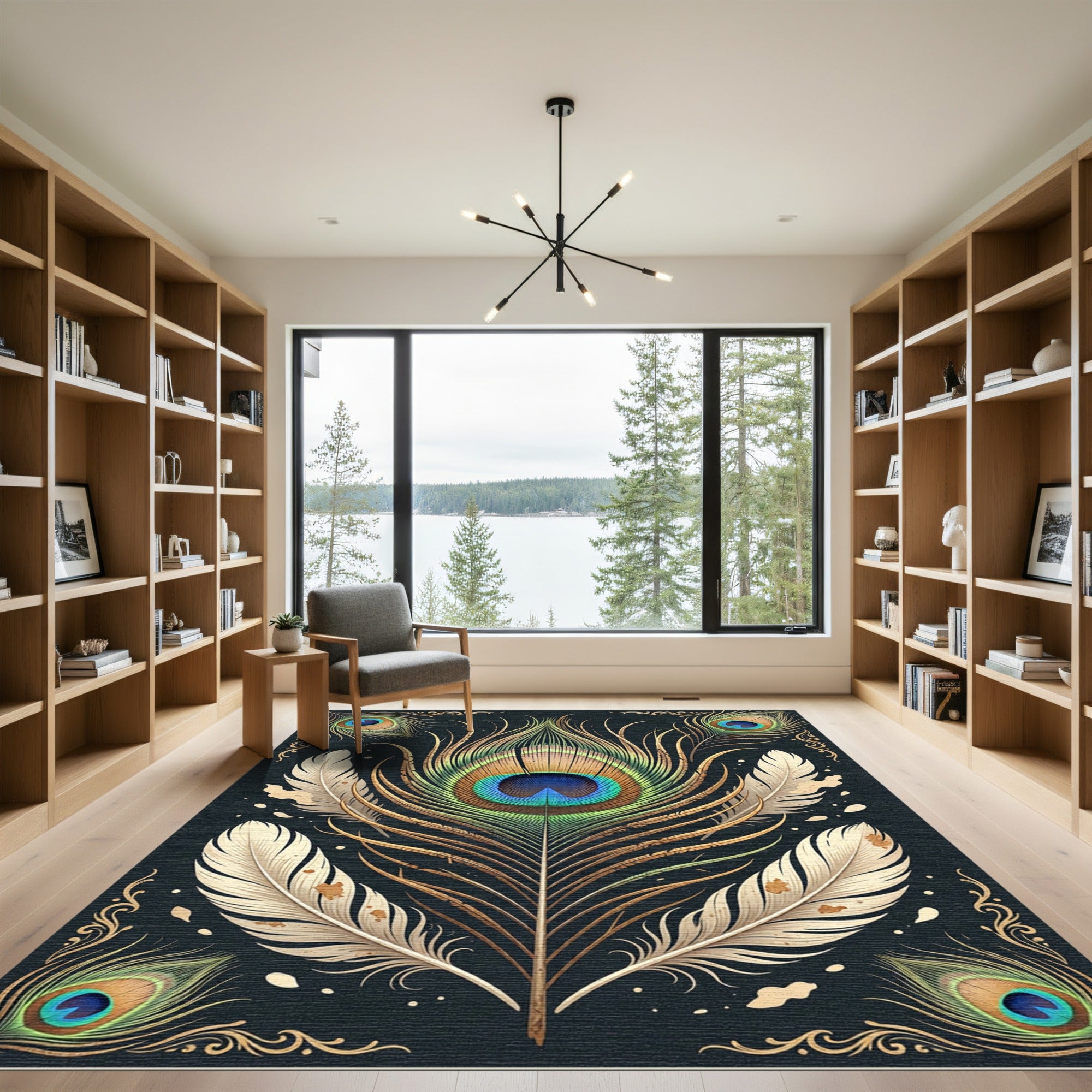Golden Peacock Feather Elegant Dark Rug