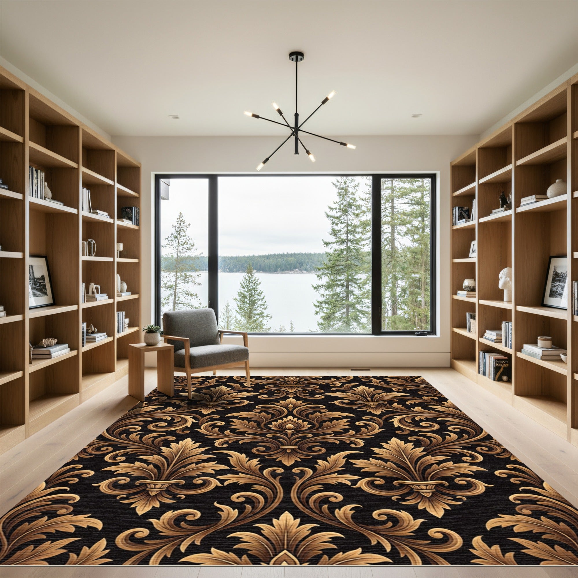 Ornate Gold Black Acanthus Flourish Rug