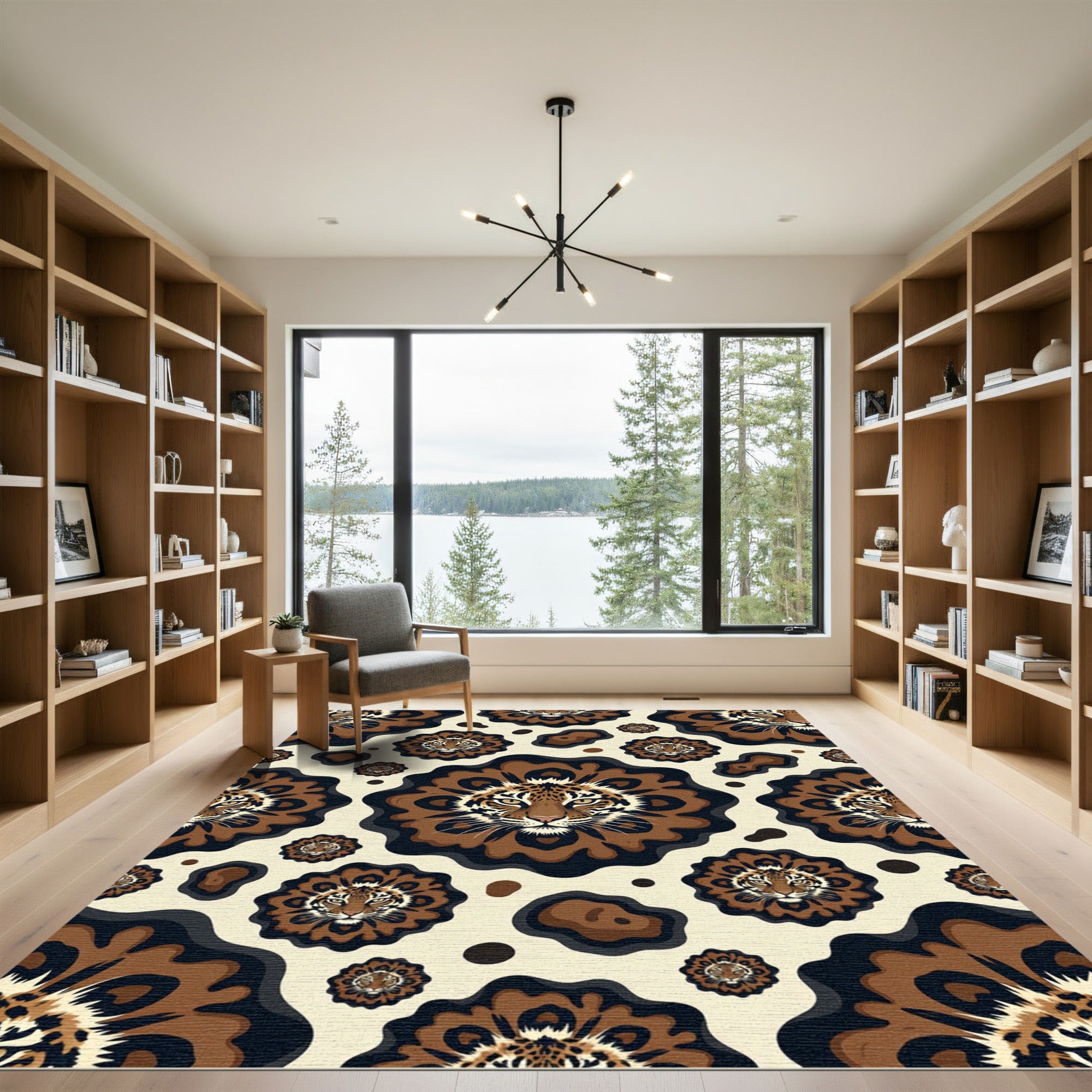 Earthy Tiger Face Floral Medallion Rug