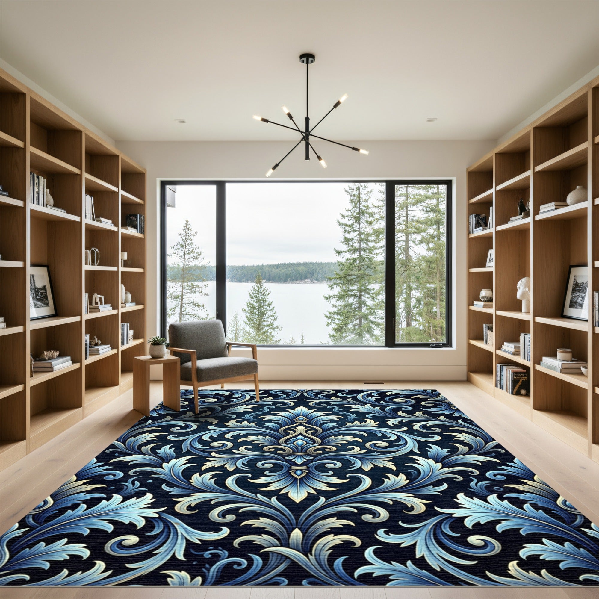Elegant Blue Ornate Damask Scroll Rug