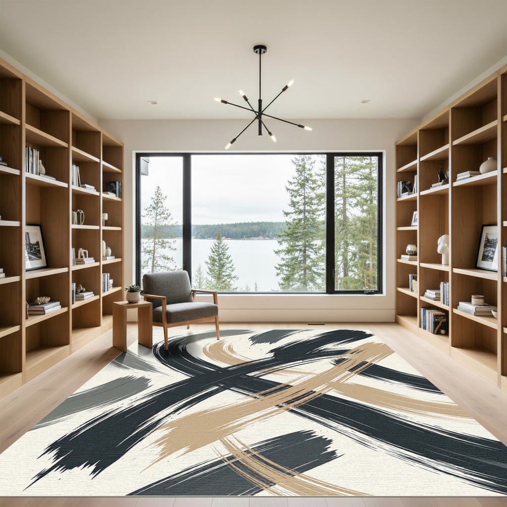 Modern Charcoal and Tan Abstract Brushstroke Rug