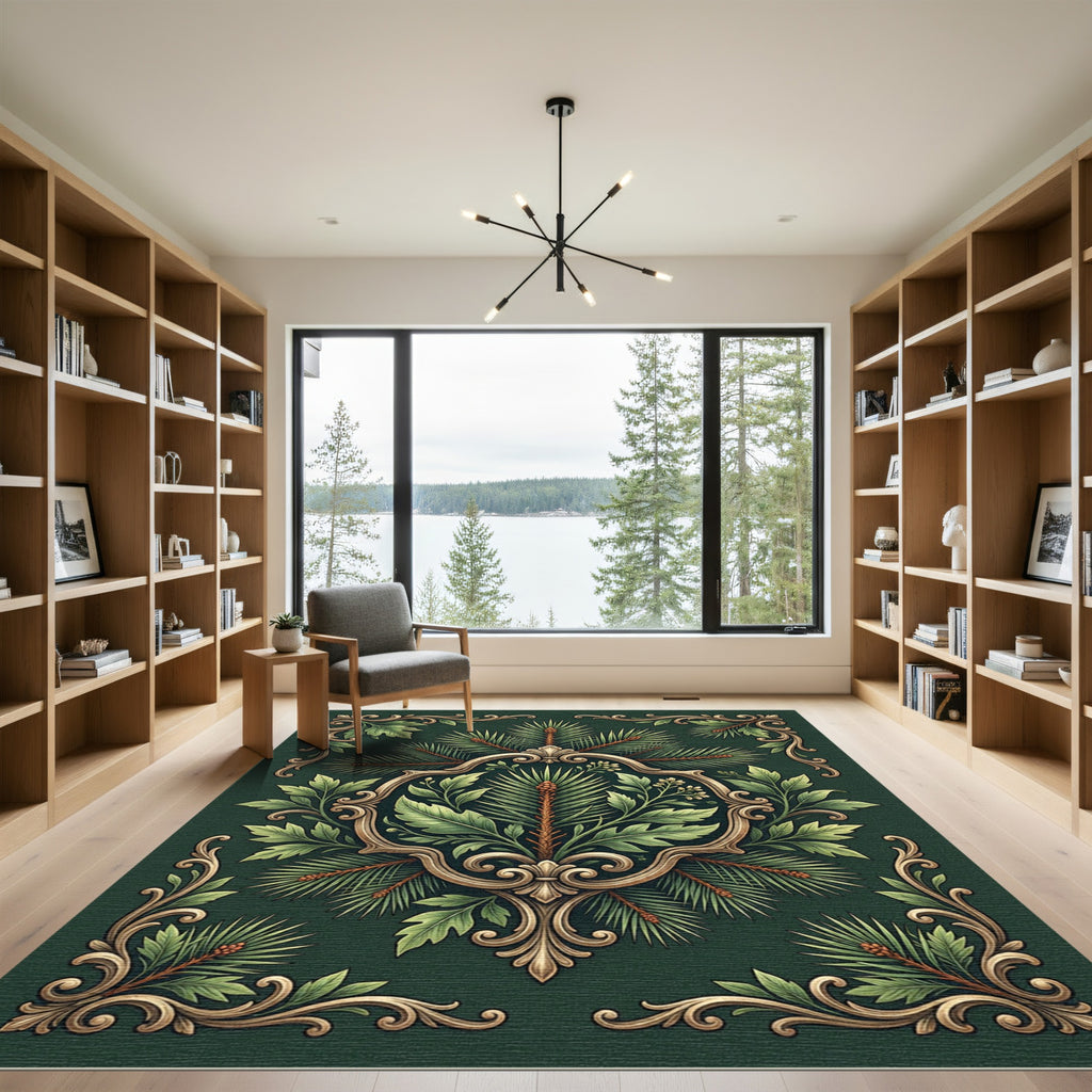 Ornate Emerald Pine Botanical Scroll Rug