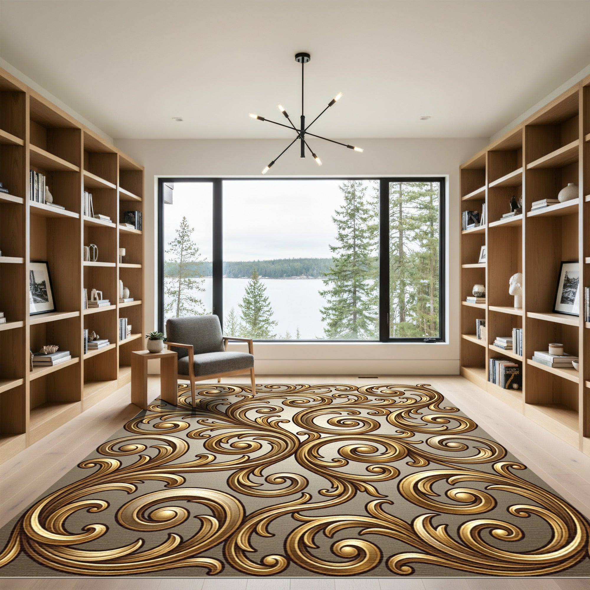 Ornate Golden Baroque Scrollwork Rug