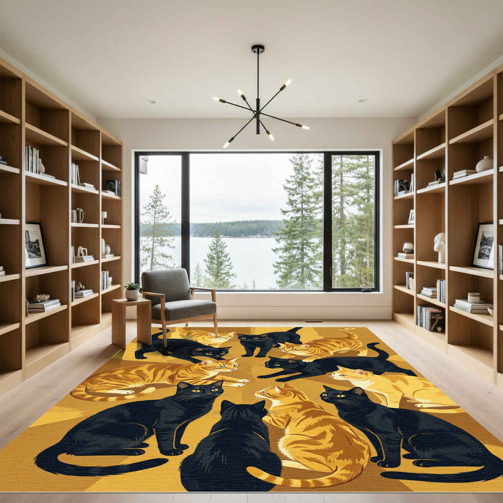Whimsical Black Orange Cat Gathering Rug