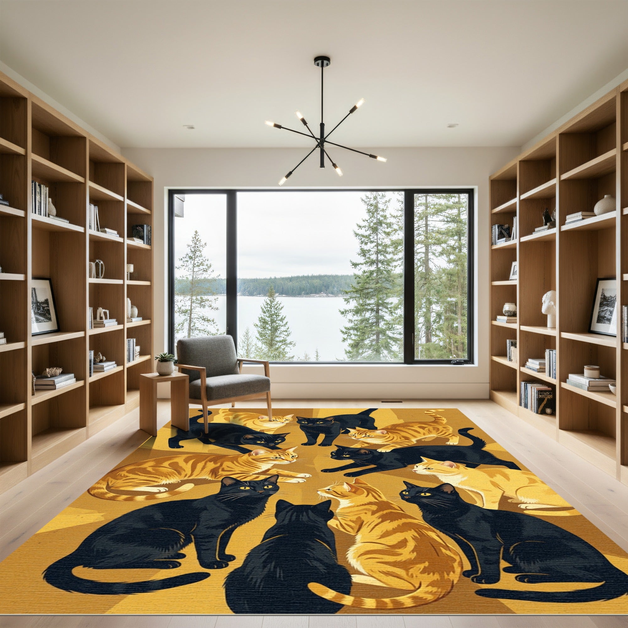 Whimsical Black Orange Cat Gathering Rug