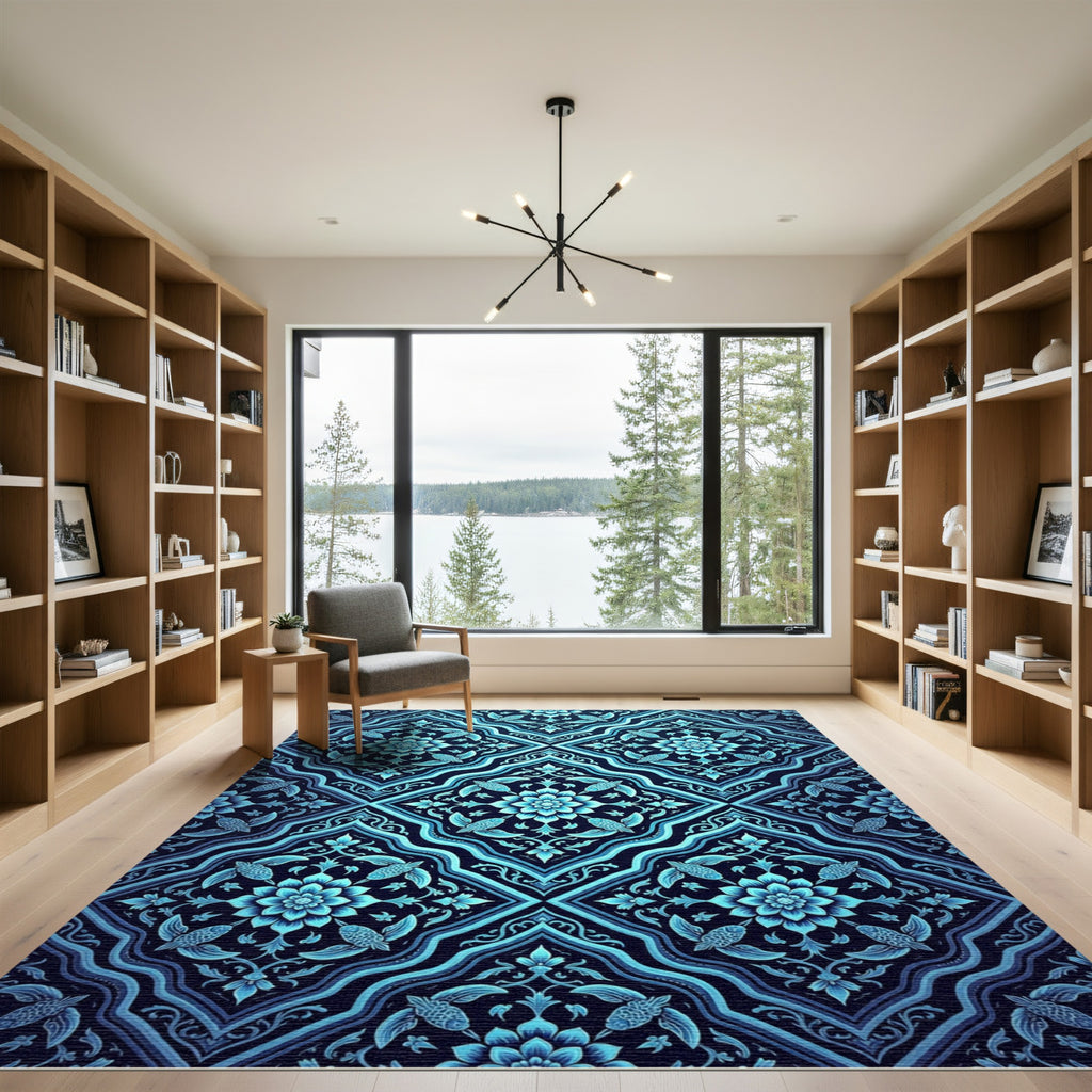 Deep Blue Floral Fish Medallion Rug