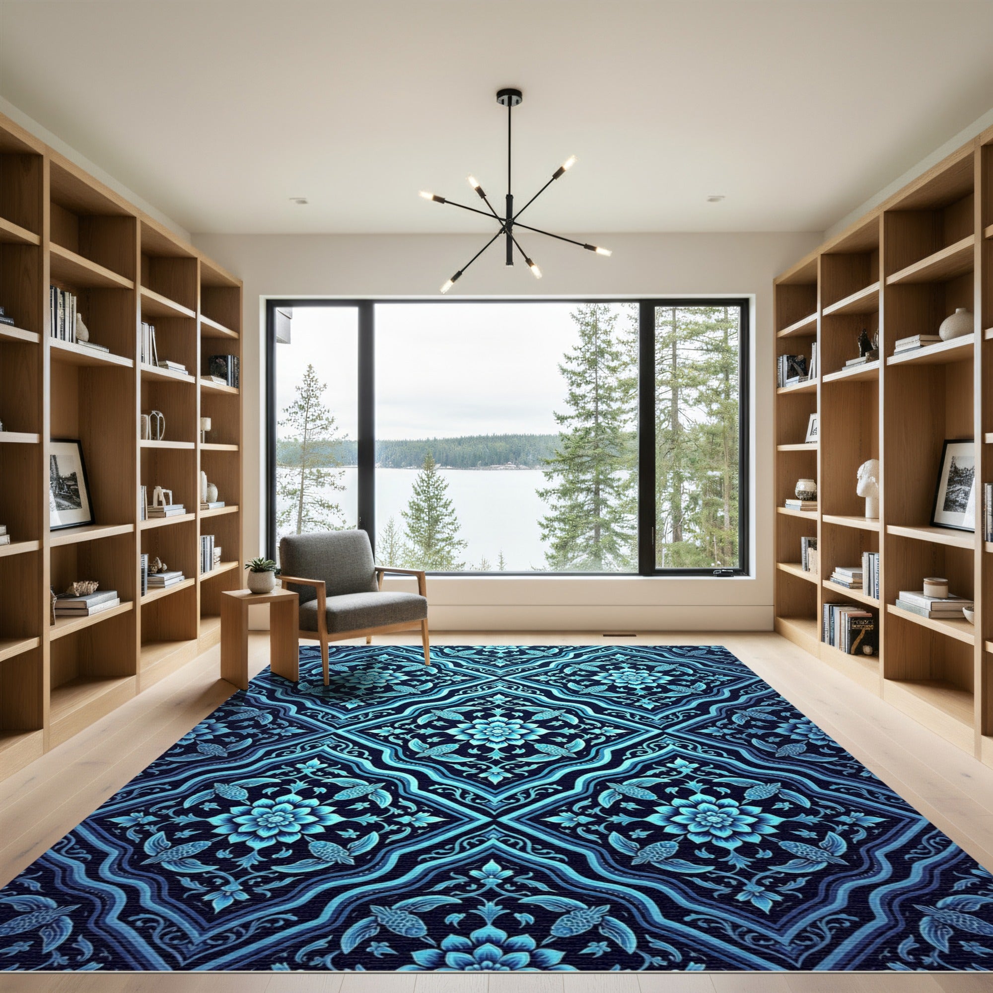 Deep Blue Floral Fish Medallion Rug