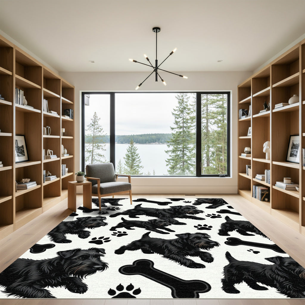 Playful Black Scottie Dog Bone Artwork Rug