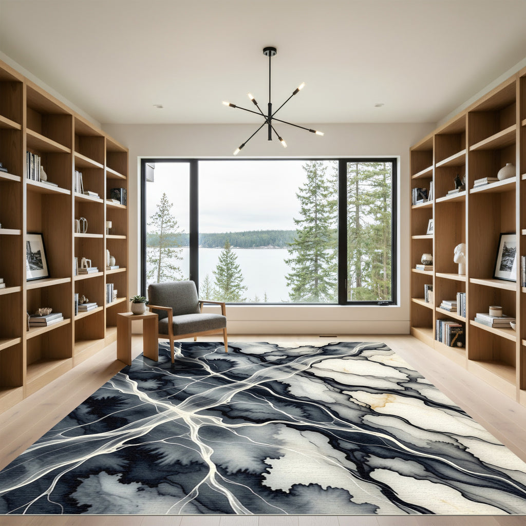 Monochrome Abstract Flowing Marble Ink Rug