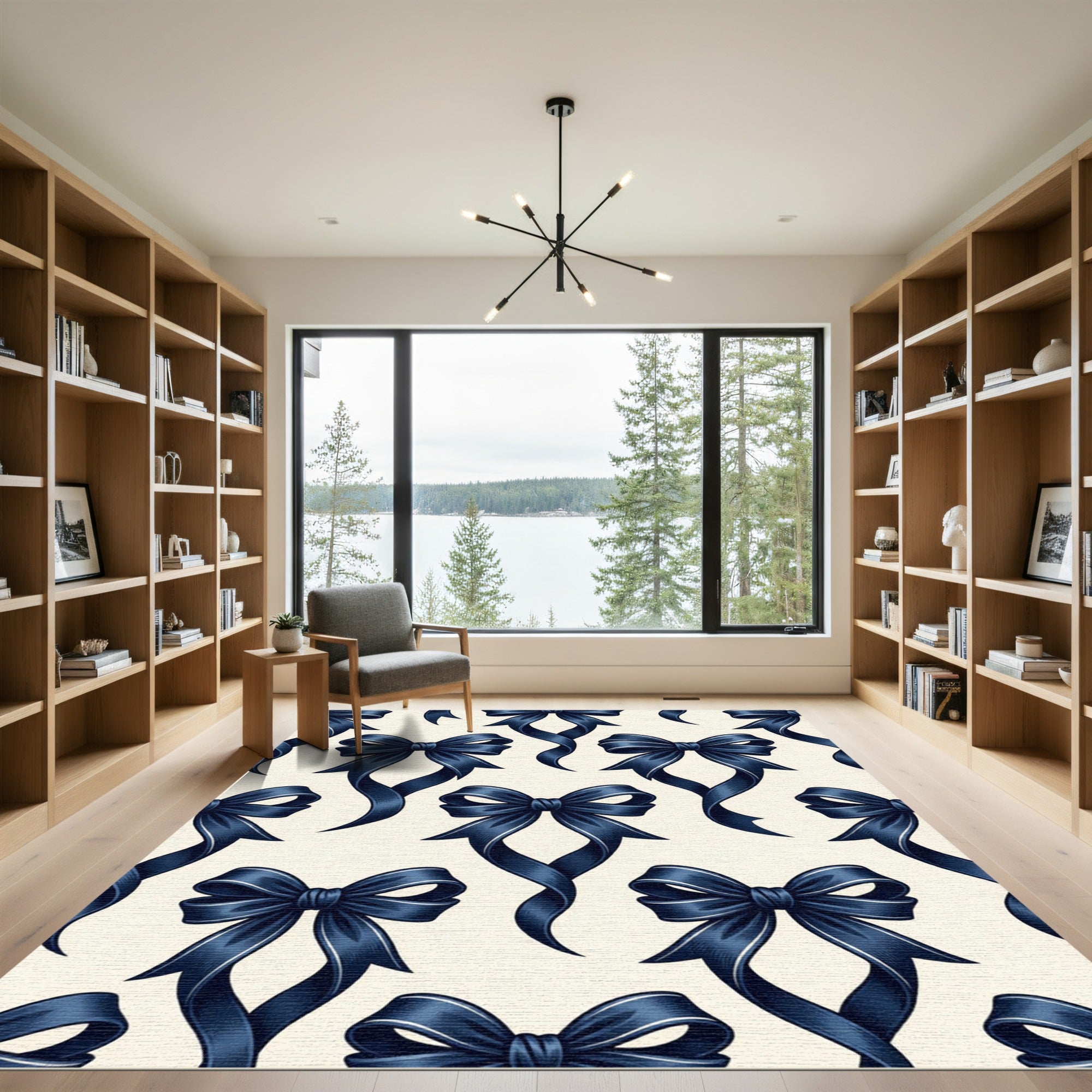 Elegant Navy Blue Bow Ribbon Accent Rug