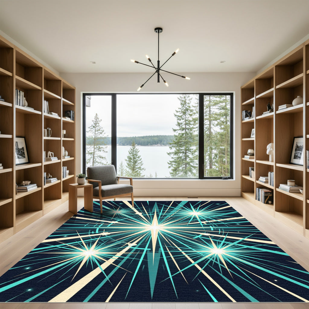 Radiant Teal Starburst Geometric Art Rug