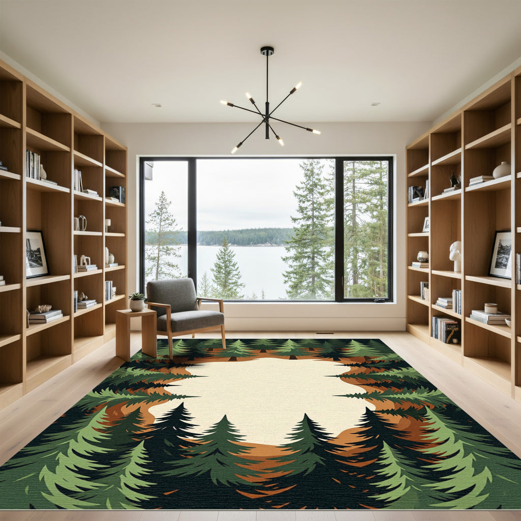 Earthy Woodland Pine Forest Border Rug